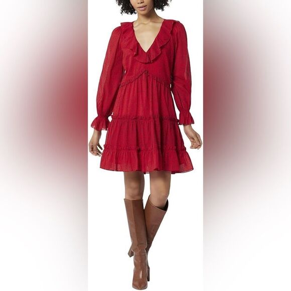 NWT Joie ADANSON MINI COTTON DRESS IN TRUE RED PLUM PERFECT ruffles Sz 2 S - Picture 2 of 15